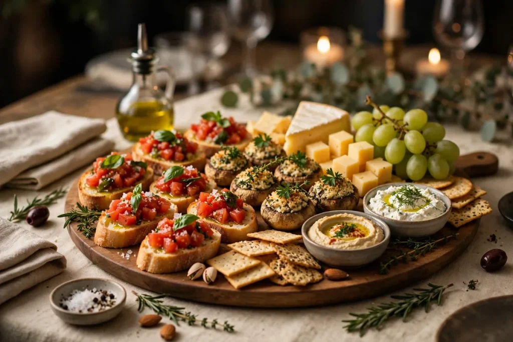 appetizers and hors d'oeuvres platter with bruschetta and dips on a party table