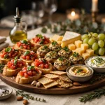 appetizers and hors d'oeuvres platter with bruschetta and dips on a party table