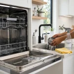 open dishwasher being cleaned step by step in a modern kitchen