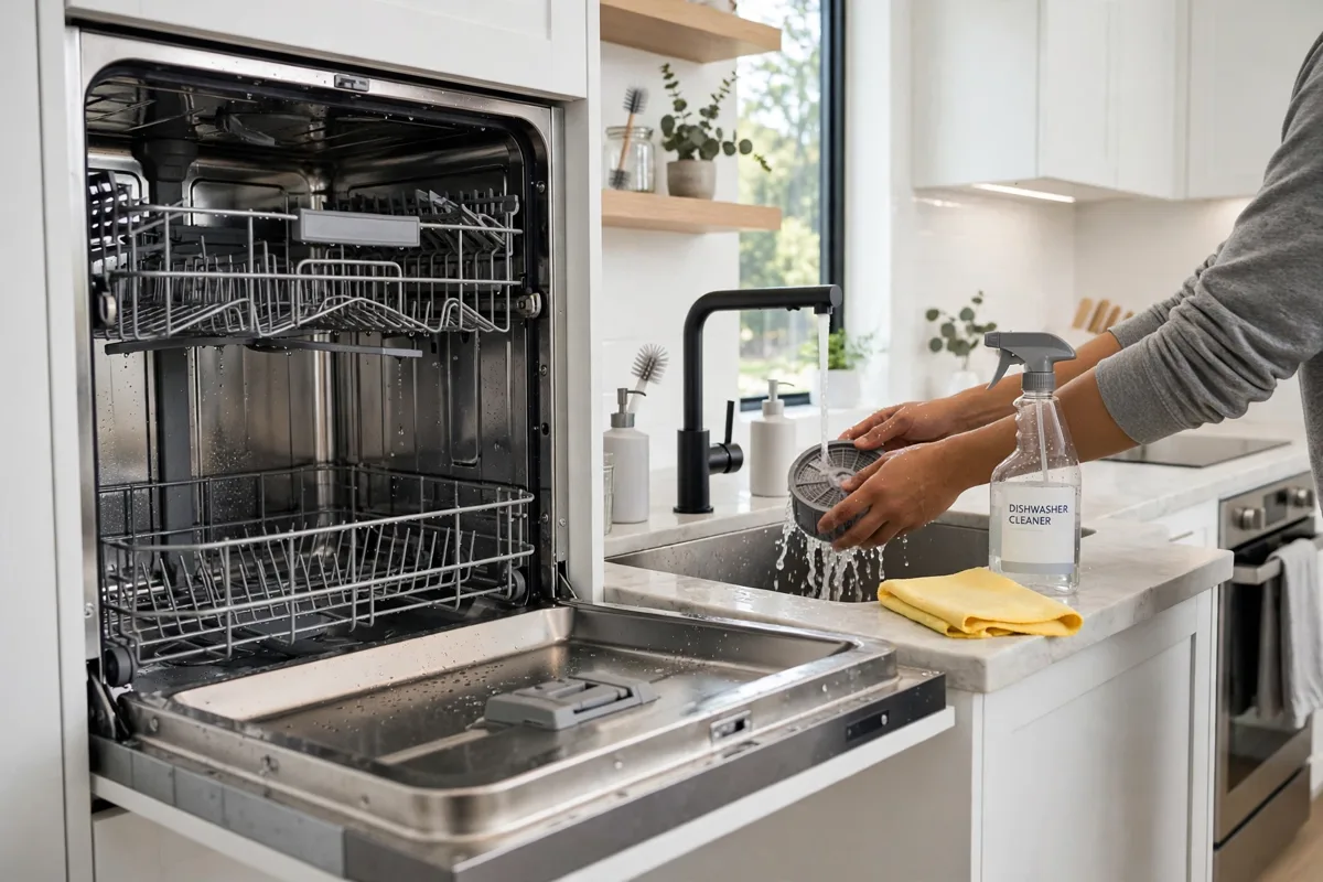 open dishwasher being cleaned step by step in a modern kitchen