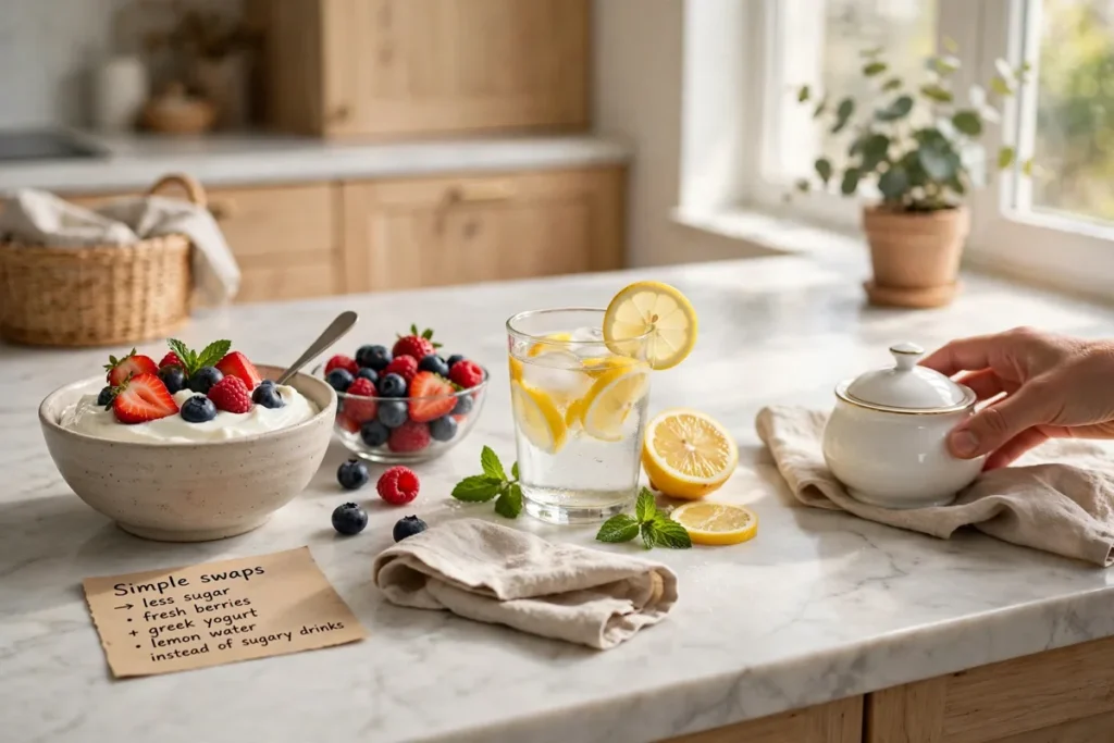 fresh berries and yogurt next to a small sugar bowl on a bright kitchen counter