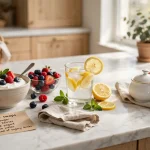 fresh berries and yogurt next to a small sugar bowl on a bright kitchen counter