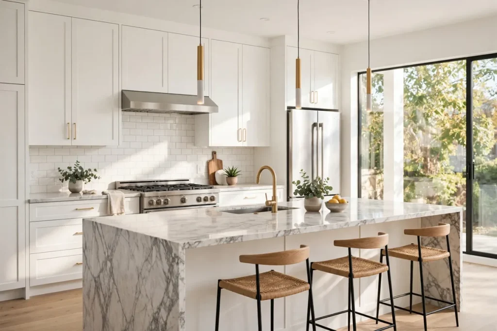 kitchen remodeling result with modern cabinets and a bright island counter