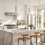 kitchen remodeling result with modern cabinets and a bright island counter