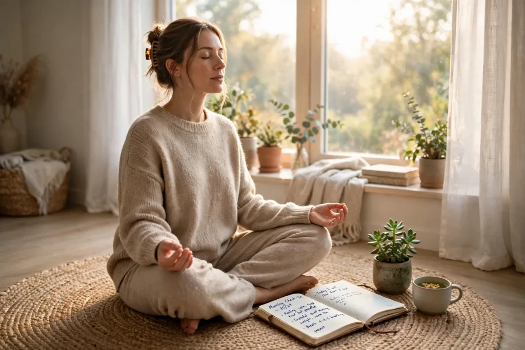 woman practicing mental health exercises at home with deep breathing and a journal