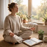 woman practicing mental health exercises at home with deep breathing and a journal