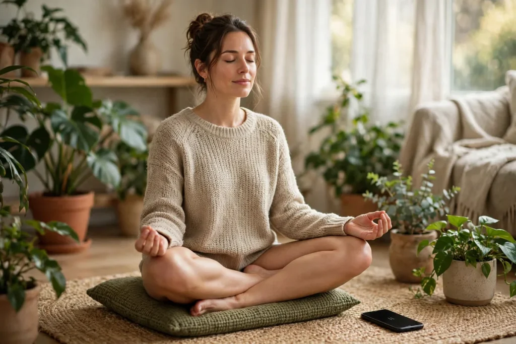person using mindfulness apps for a guided meditation at home
