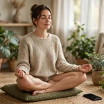 person using mindfulness apps for a guided meditation at home