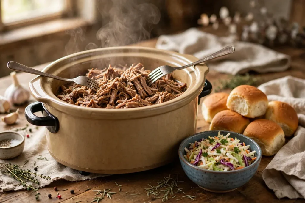 pork shoulder crock pot with tender pulled pork and herbs
