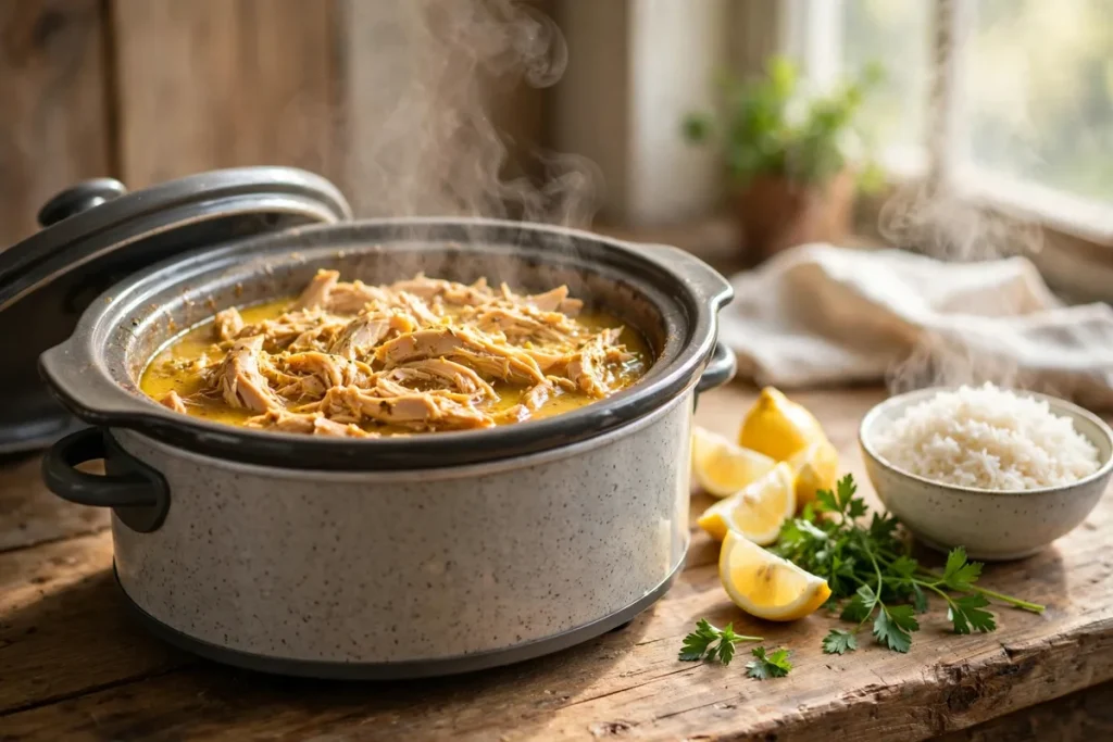 slow cooker chicken recipes with tender shredded chicken and herbs on a kitchen counter