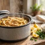 slow cooker chicken recipes with tender shredded chicken and herbs on a kitchen counter