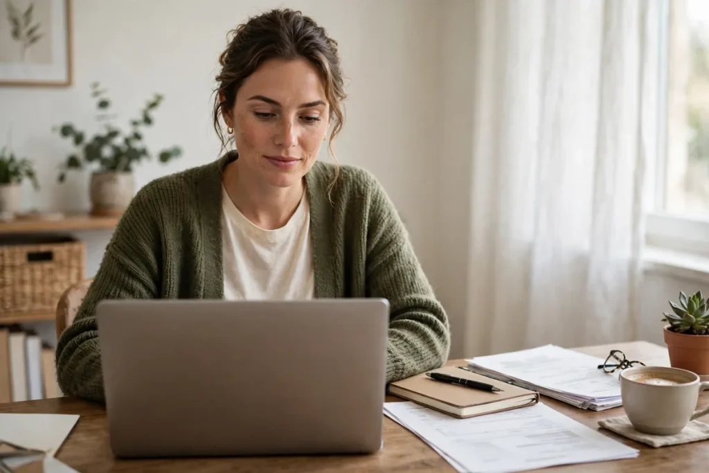 sole proprietorship owner working at a desk with laptop and business paperwork