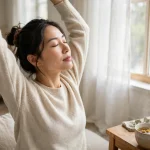 woman practicing stress reduction techniques with deep breathing by a bright window