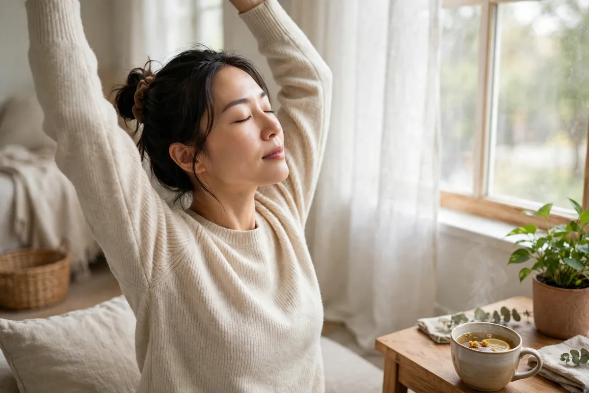 woman practicing stress reduction techniques with deep breathing by a bright window